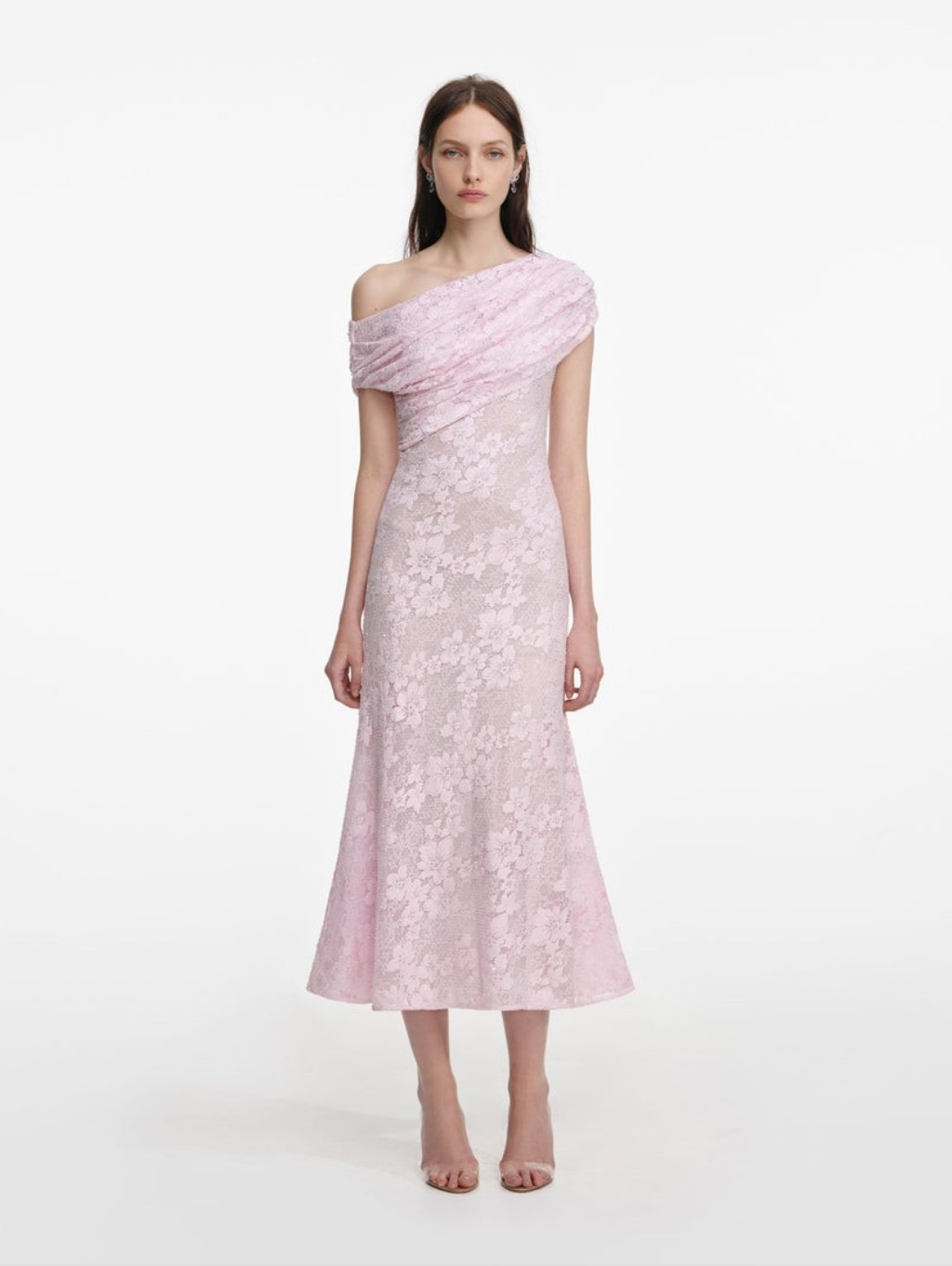 Self-Portrait Pink Rhinestone Lace Asymmetric Midi Dress Size 6